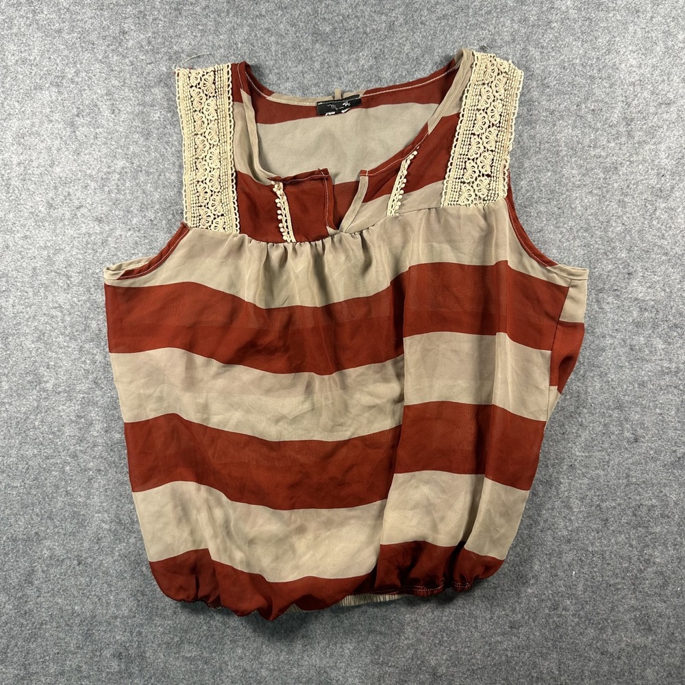 Main Strip Striped Sleeveless Blouse No Size Rust‎ Tan Crochet Lace Shoulder